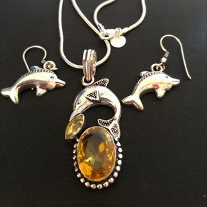 Dolphin Necklace- Citrine Gemstone 925 Stamped Sterling Silver Necklace Set.